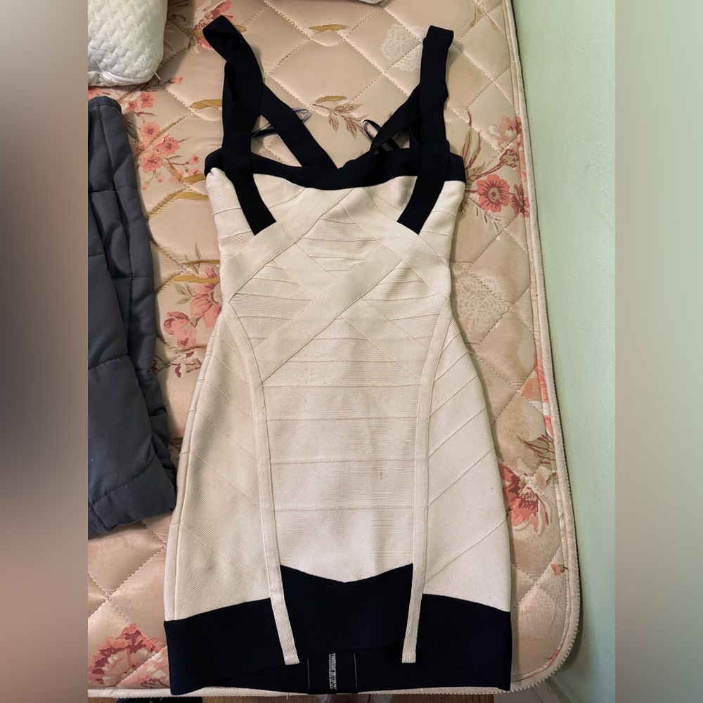 Herve Leger Sekai Black and Cream Cutout Bandage Cocktail Dress from 2010s.